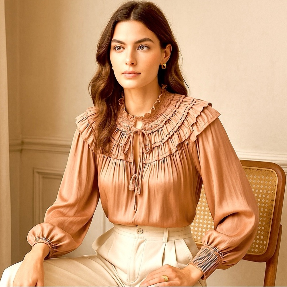 Anthropologie Current Air, Ruffle Satin Blouse Rosewood Pink EUC Size Medium